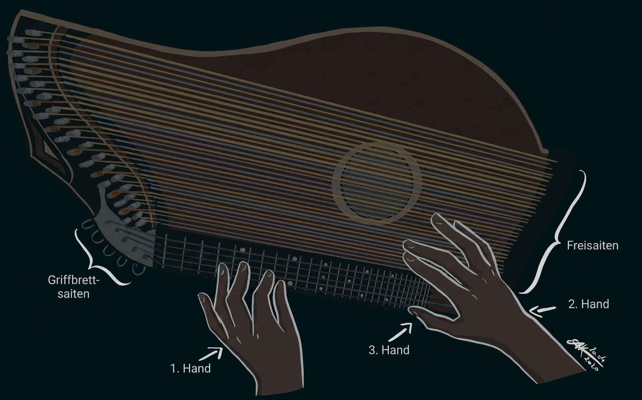 Illustration einer Zither mit zwei Händen beim Spielen
